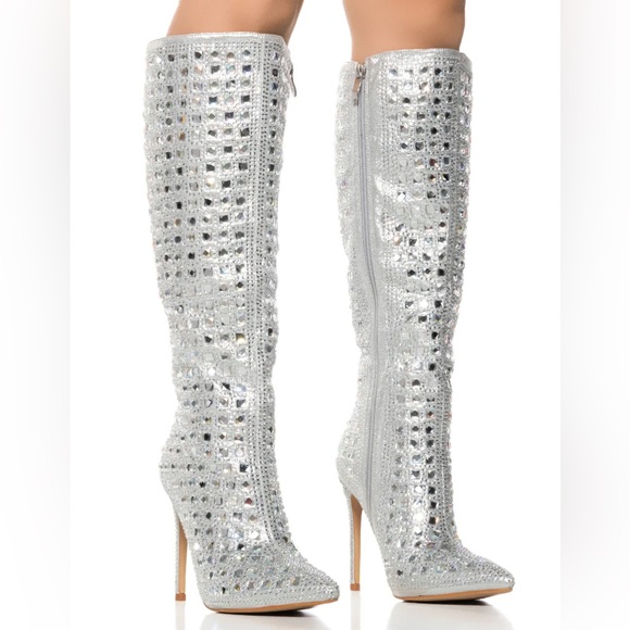 Azalea Wang Silver Rhinestone Embellished Knee High Boots - Picture 1 of 5